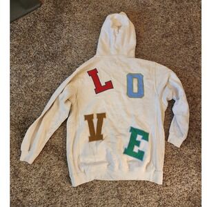Aerie LOVE Varsity Patch Distressed Pullover Hoodie Cream Womens S‎